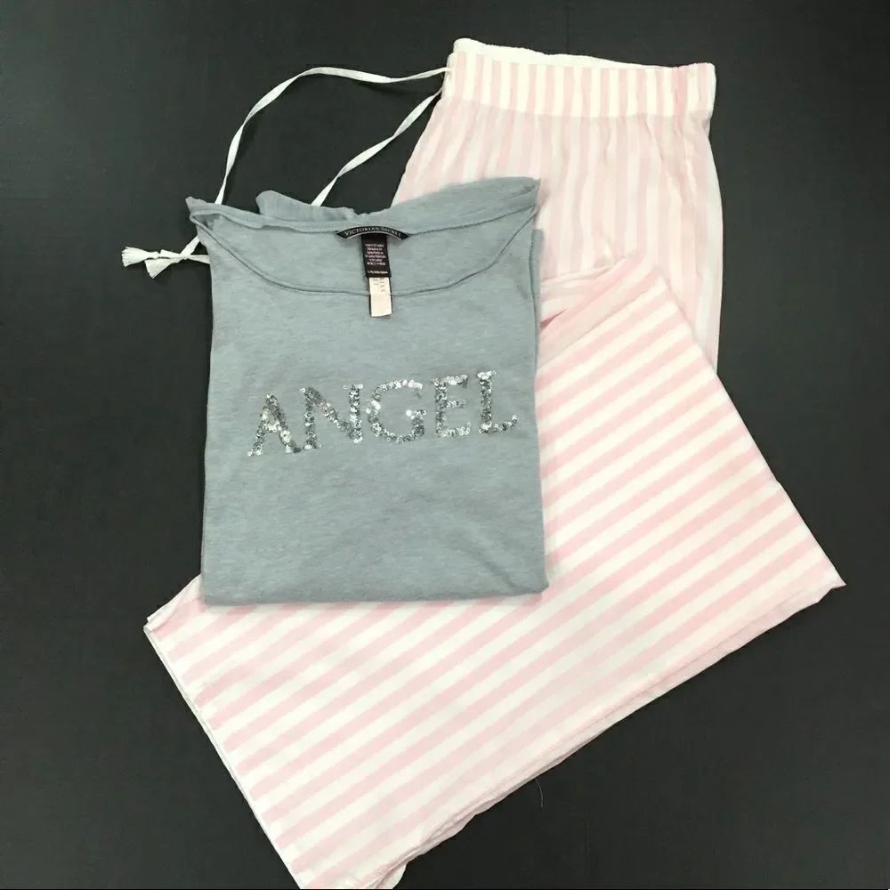 Victoria’s Secret Mayfair striped pants & sequins angel top pajama set pink gray